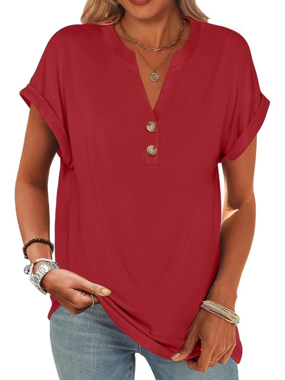 Women's Red Summer Short Sleeves Henley V Neck Comfortable Trendy Tee Shirts
